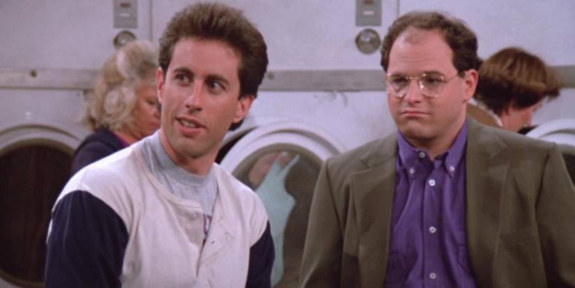 Jerry and George sitting inside a laundromat in the pilot episode of Seinfeld - Good News, Bad News (1989).