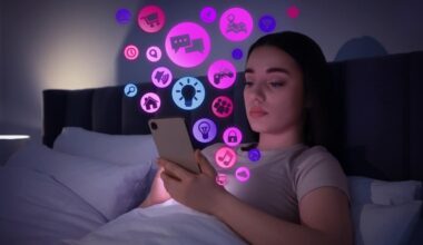 Internet addicted woman using mobile phone instead of sleeping at night.