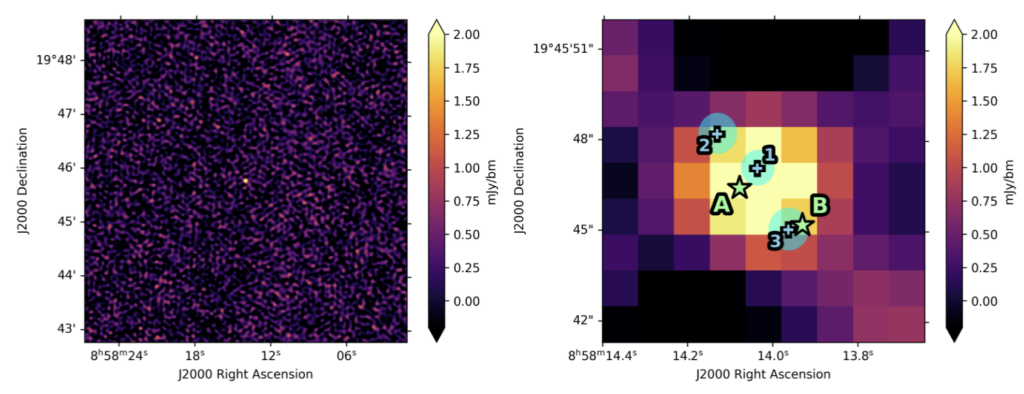 (Left): An image of an empty field with no sources except one bright one at several brightness levels above the background fluctuations. (Right): A zoom-in of this position with markers along a diagonal of the three 10-minute positions, roughly touching the upper-left edge (second source), center (first), and lower-right (third) edge of the original image’s source. EI Cancri A is very near the source center, shifted slightly to the lower left, and EL Cancri B almost exactly overlaps with the position of the third source, only very slightly shifted to the right. 