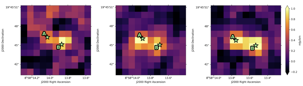 Three panels show zoomed-in images with the positions of A and B labeled, roughly aligned from east-north-east to west-south-west. A source appears at both positions in all three images with varying brightnesses. 
