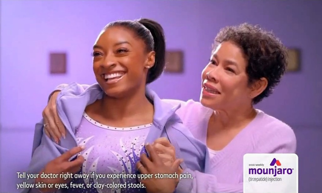 Simone Biles and her mother, Nellie Biles, in a Mounjaro commercial, where Nellie shares her experience with type 2 diabetes.