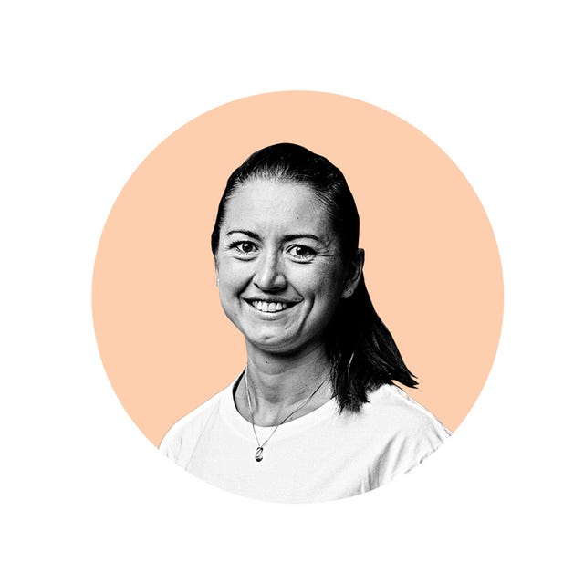 a person with a blurred face against a pastel background