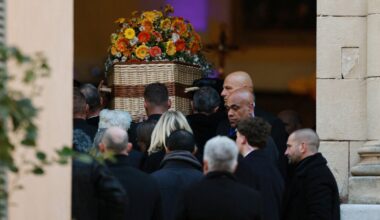 Pallbearers carry the coffin of the late French film icon into  the Notre-Dame-de-l'Assomption Catholic Church. Pic: Reuters