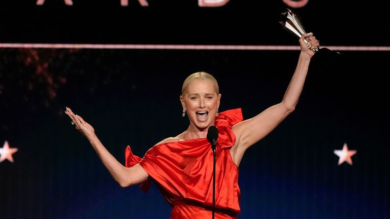 Katherine LaNasa wins best supporting actress in a drama series for The Pitt. Pic: AP