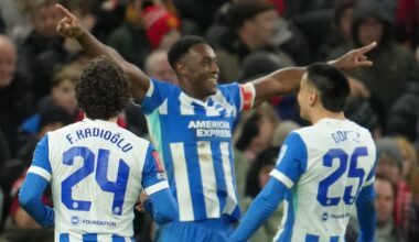 Danny Welbeck celebrates after doubling Brighton's lead against Manchester United