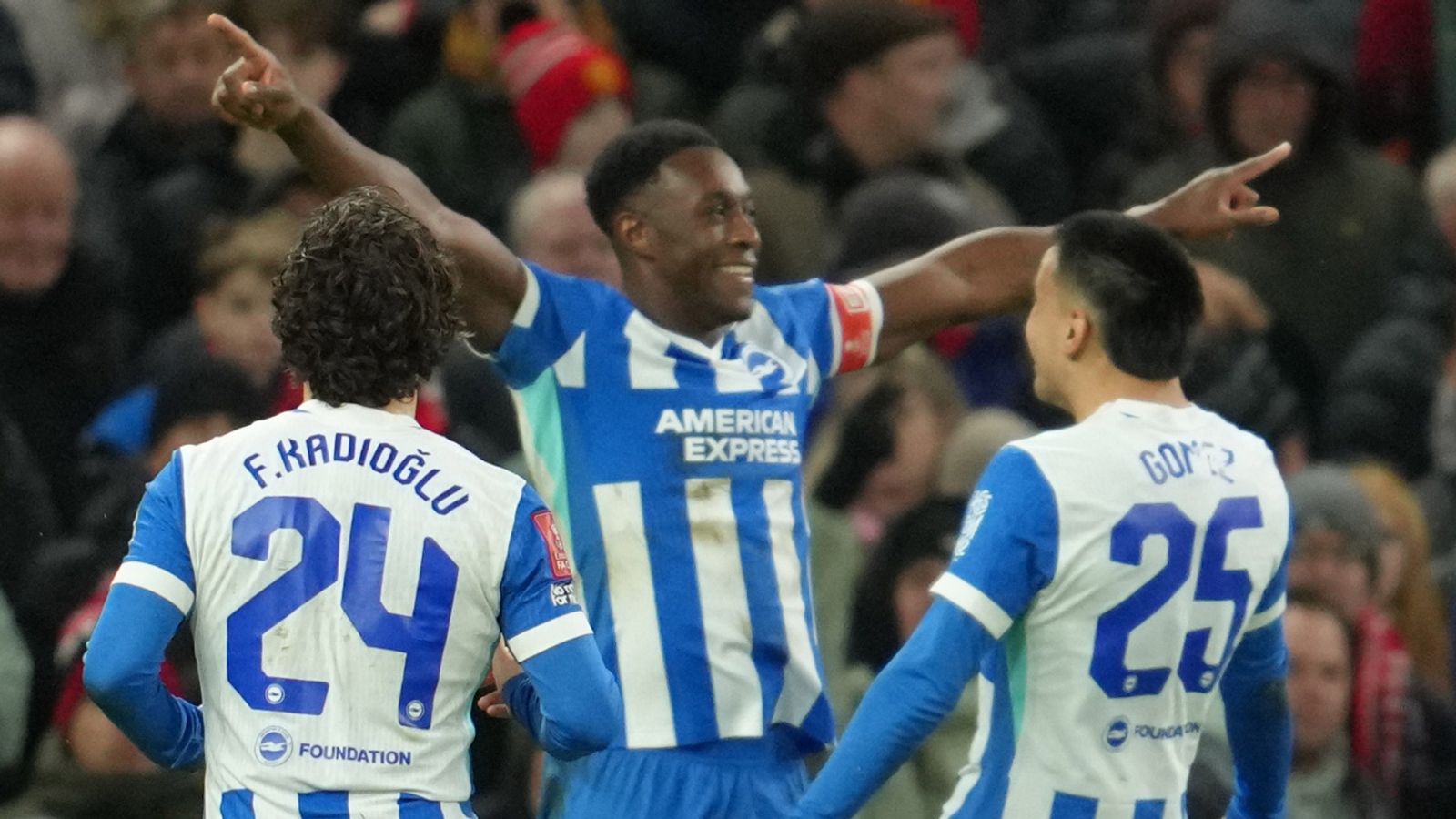 Danny Welbeck celebrates after doubling Brighton's lead against Manchester United
