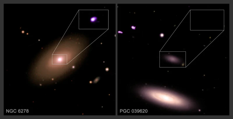 Supermassive black holes: Two images of galaxies with insets, one showing a bright spot the other showing nothing.