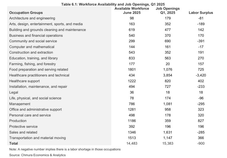 The report contains this list of job openings and available workforce in each category. Source: Southern Virginia Living Wage 
and Job Availability Analysis.