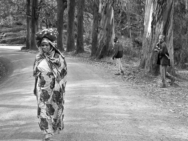 A woman in patterned clothing carries a bundle on her head while walking along a forest road; two men stand among tall trees in the background. The image is in black and white.