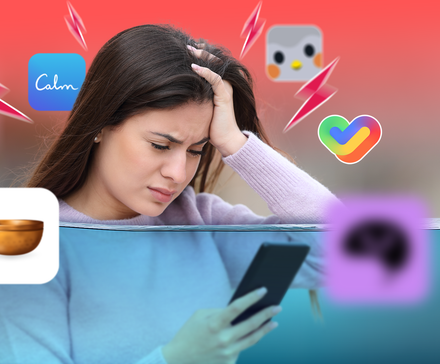 Stressed woman looking at her phone, partially submerged in water, surrounded by lightning bolts and icons of calming and mental health apps.