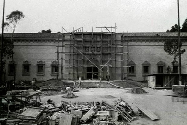 Construction under way in 1925 on the facade of the Fine Arts Gallery in Balboa Park. The building was renamed the San Diego Museum of Art in 1978. (SDMA Archives)