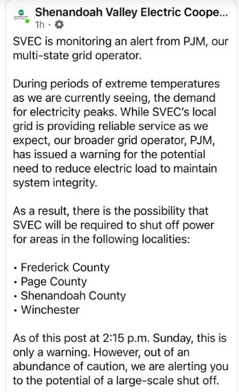 Part of the advisory from the Shenandoah Valley Electric Cooperative.