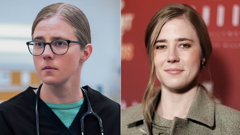 Mel wearing glasses looking concerned on The Pitt and Taylor Dearden