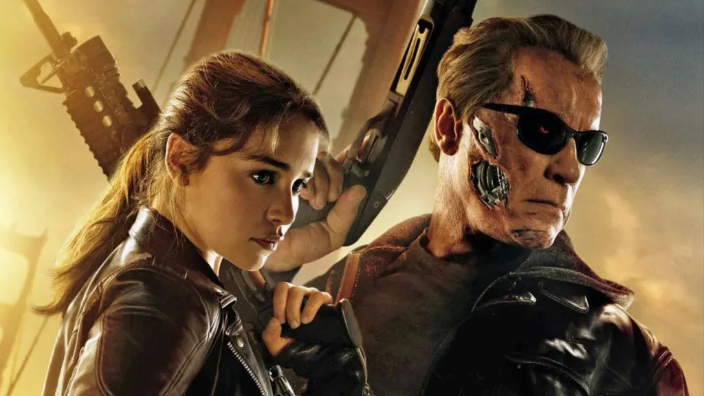 Emilia Clarke and Arnold Schwarzenegger on the poster for Terminator Genisys
