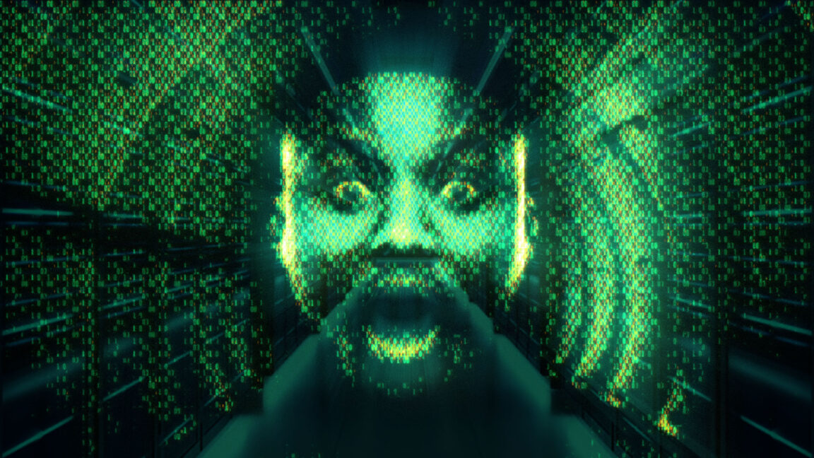 An illustration of a green "ghost in the machine," a surprised man's face with green radiating pixels.