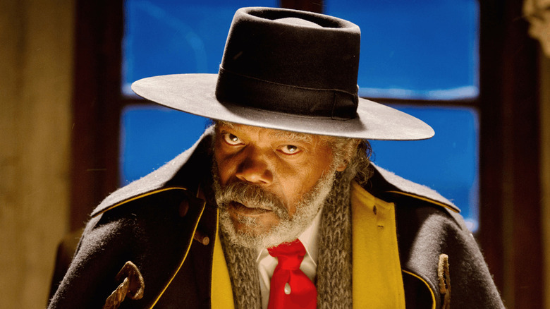 Marquis Warren (Samuel L. Jackson) stares into the camera in The Hateful Eight