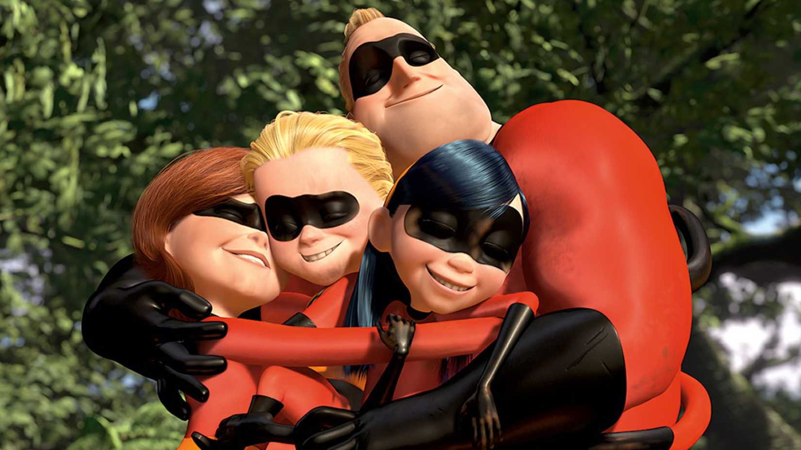 The Parr family hugs while in costume in The Incredibles