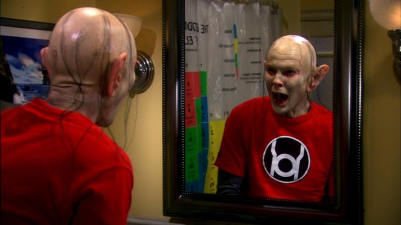Sheldon looking in the mirror horrified as Gollum on The Big Bang Theory