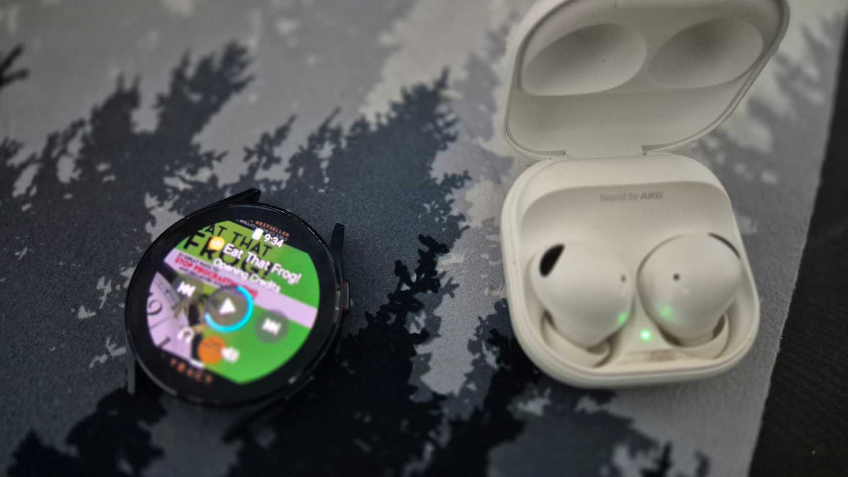 The Samsung Galaxy Watch 4 playing an audiobook with the Galaxy Ear Buds on its side.