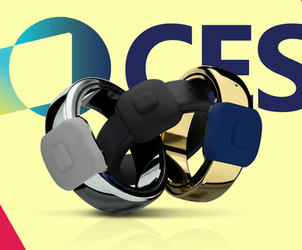 Three Pebble Index 01 in front of the CES logo.