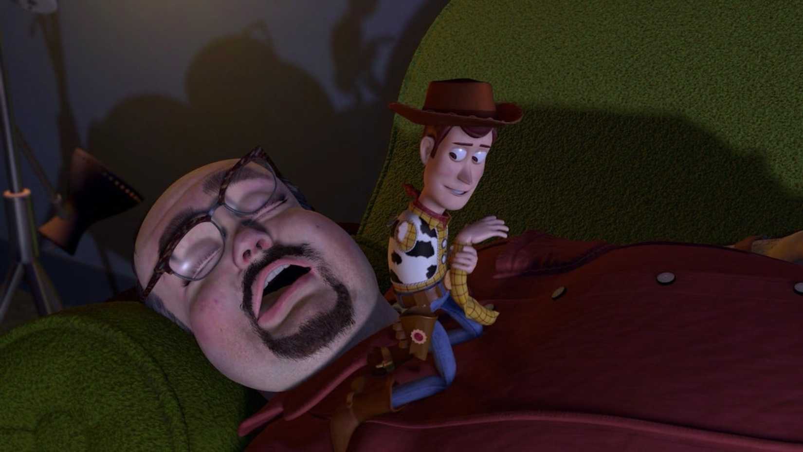 Woody sneaks past a sleeping Al in Toy Story 2