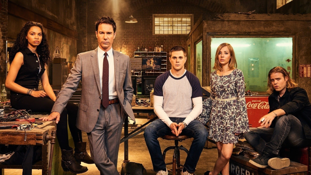 The cast of the TV show Travelers in a promotional image