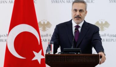 Turkish Foreign Minister Hakan Fidan and Syrian Foreign Minister Asaad Hassan al-Shaibani (not seen) hold a joint press conference after their meeting in Damascus, Syria on Dec. 22, 2025. (AA Photo)