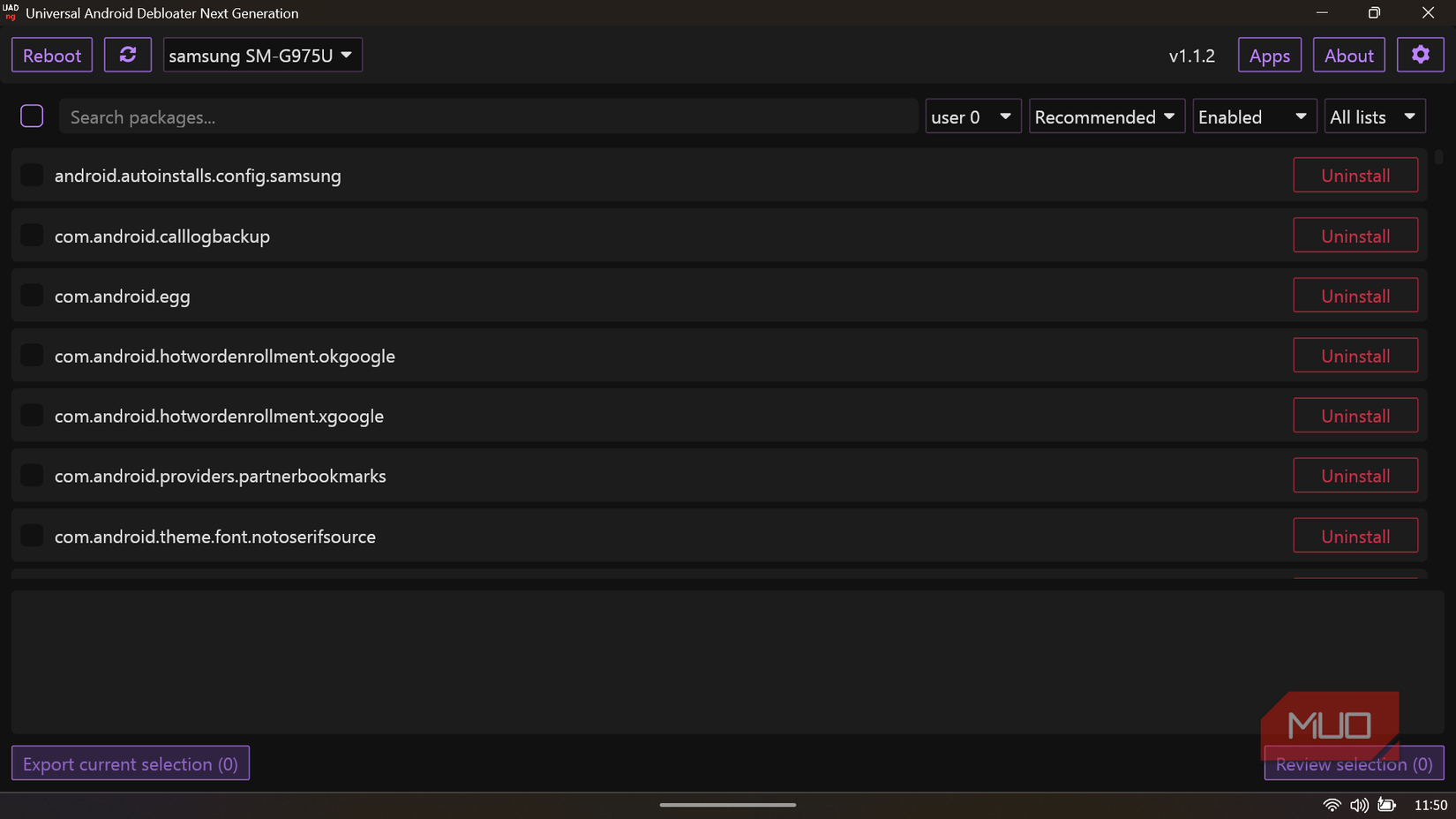 Universal Android Debloater main list view showing installed packages with uninstall options.