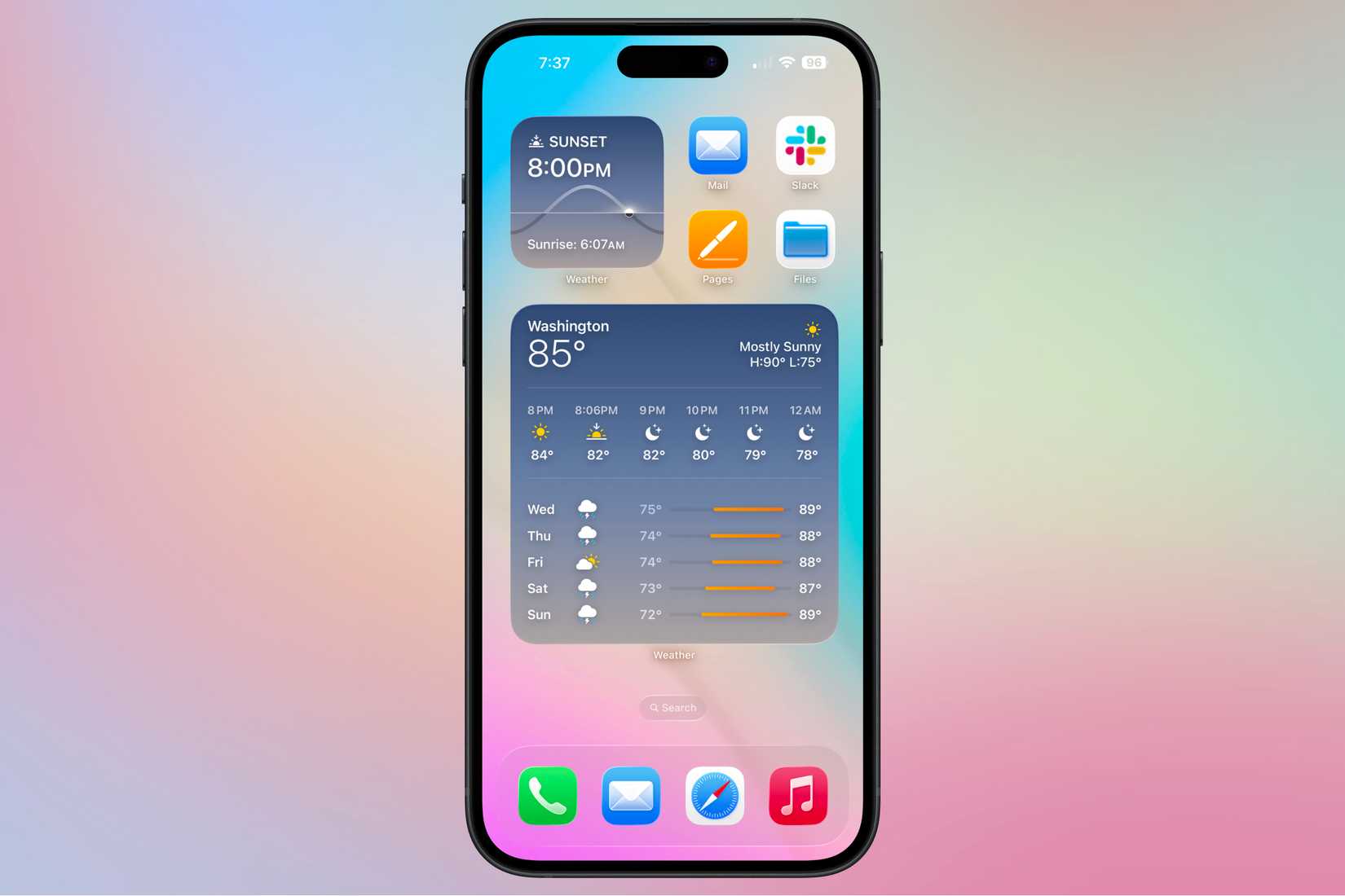 Multiple Weather app widgets on an iPhone's home screen showing the forecast and when the sun will be setting.