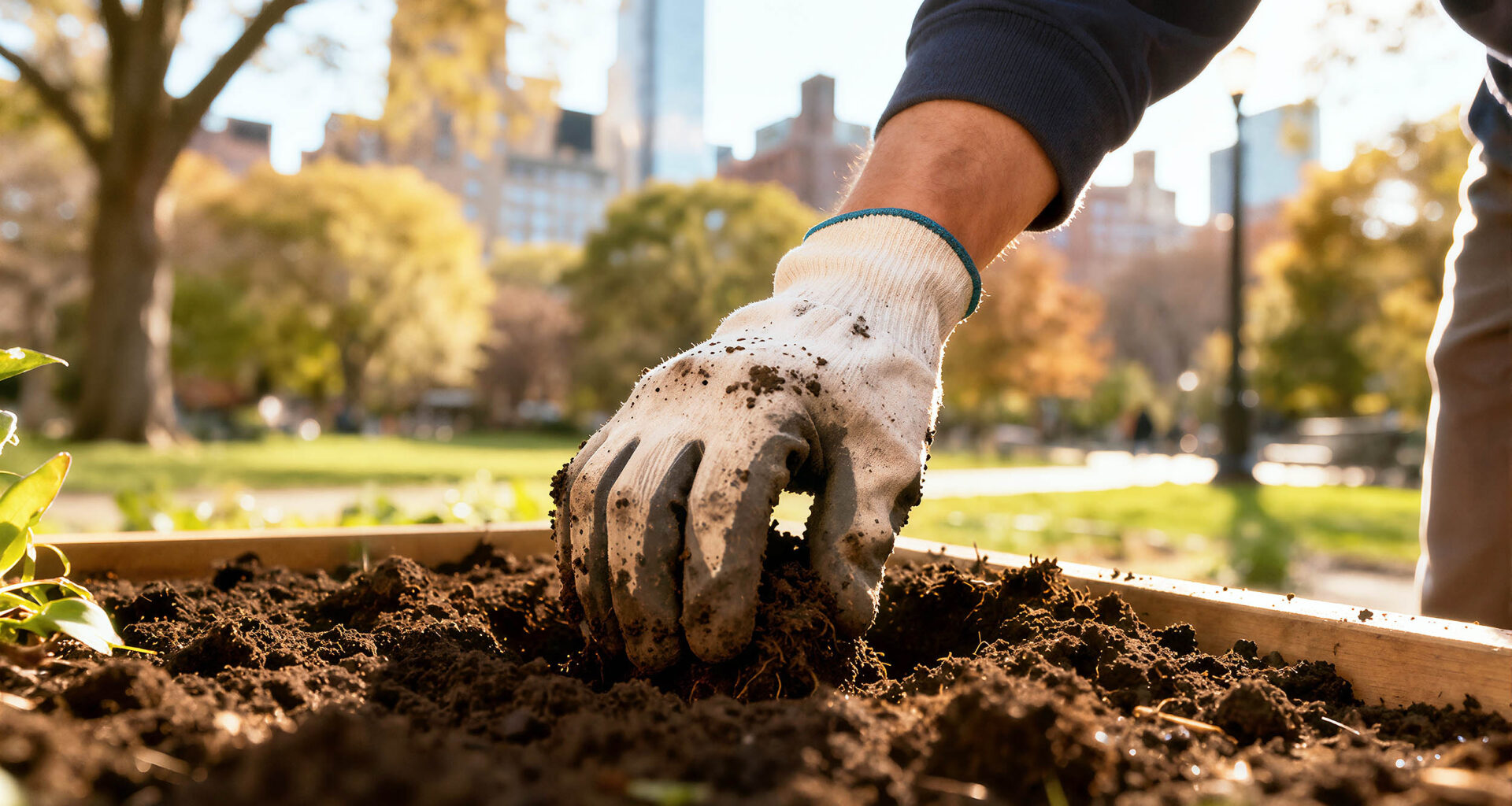 A,Gloved,Hand,Works,With,Rich,,Dark,Soil,In,A