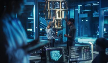 Two people standing by and working on a quantum computer with two other people in the foreground.