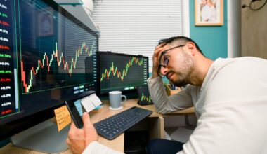 A disappointed investor looking at multiple monitors with price charts.