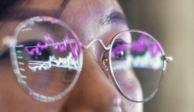 A person wearing eyeglasses with stock charts reflecting in the glass lenses.