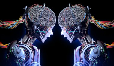 An artist's rendering of two robots standing face to face on a black backdrop.