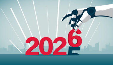 A robotic hand replaces the "5" in "2025" by a "6."