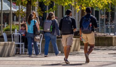 Students walking on East Campus Mall on the University of Wisconsin-Madison campus.