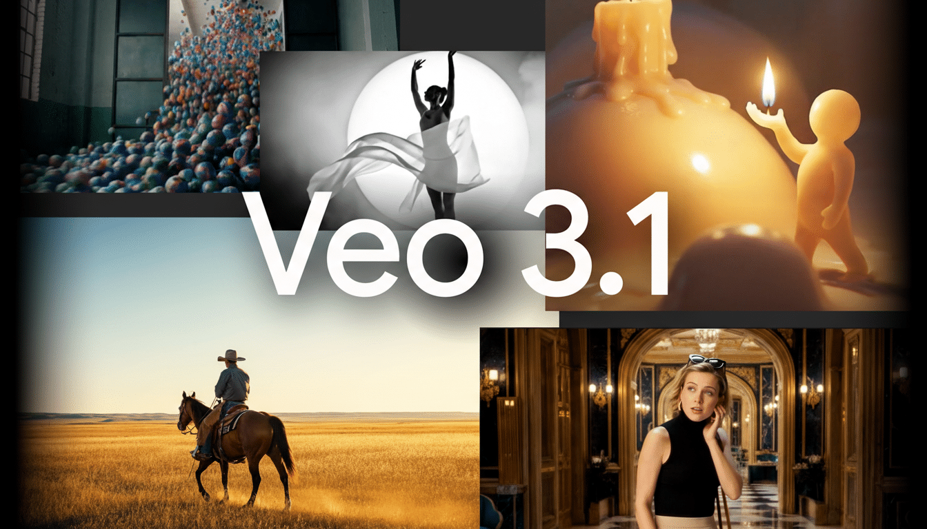 A collage of six images with Veo 3.1 in large white text overlaid in the center. The images include colorful balls in a factory, a dancer in silhouette, a small figure holding a candle next to a melting candle, a cowboy on horseback in a field, and a woman in a luxurious hallway.