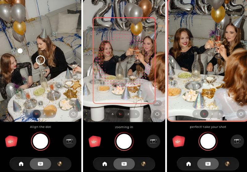 Three women sit at a table with drinks and snacks, toasting and smiling at a party with balloons. The image displays camera app instructions: align the dot, zoom in, and take your shot.