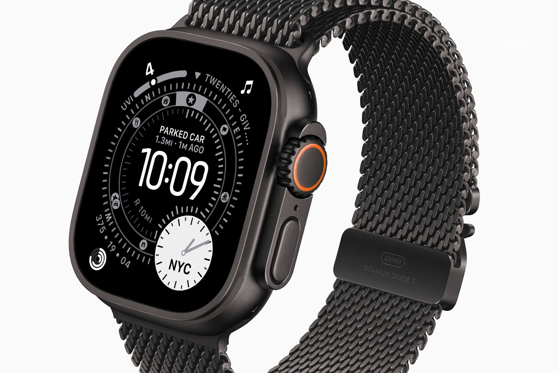 A close up of an Apple Watch Ultra, showcasing its sleek design and advanced features.