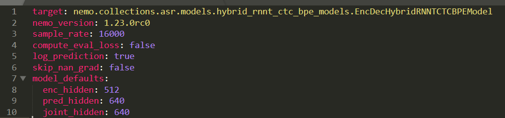 A screenshot of computer code containing configuration parameters for a machine learning model.