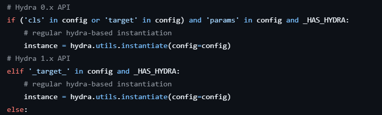 A screenshot of computer code from the Hydra API, showing conditional statements written in Python for handling configuration-based instantiation.