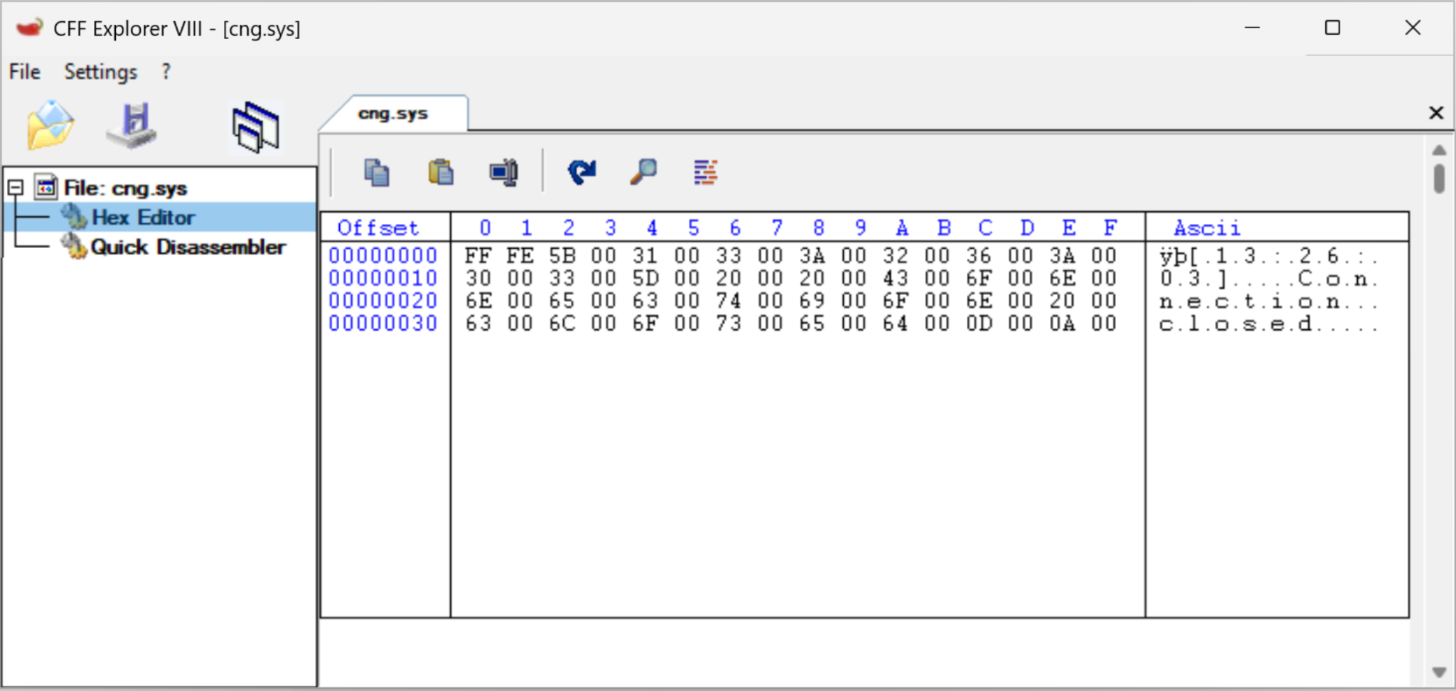 Screenshot of the CFF Explorer VIII software showing the Hex Editor tab for the file "cng.sys." The window displays hexadecimal values on the left and corresponding ASCII characters on the right.