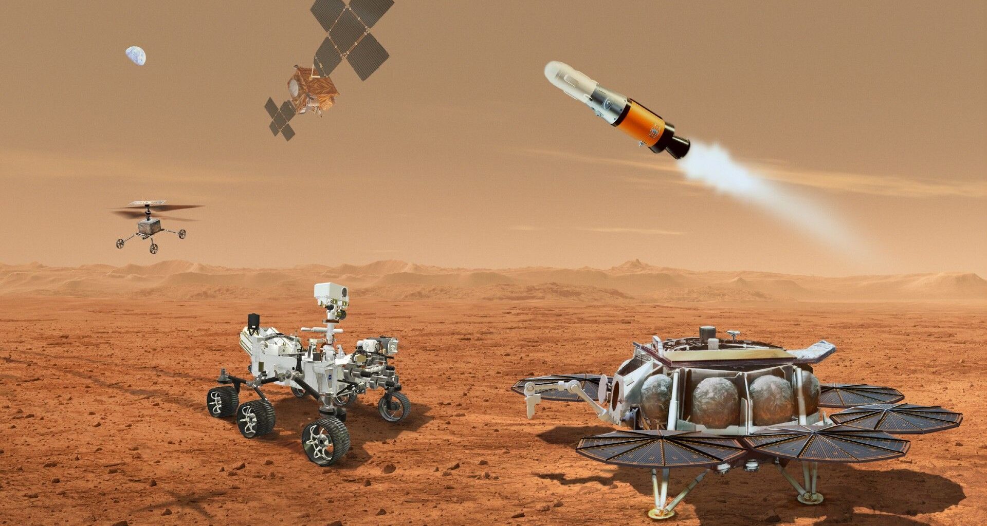 a circular machine on four legs launches a small rocket from the surface of a dusty reddish-orange planet