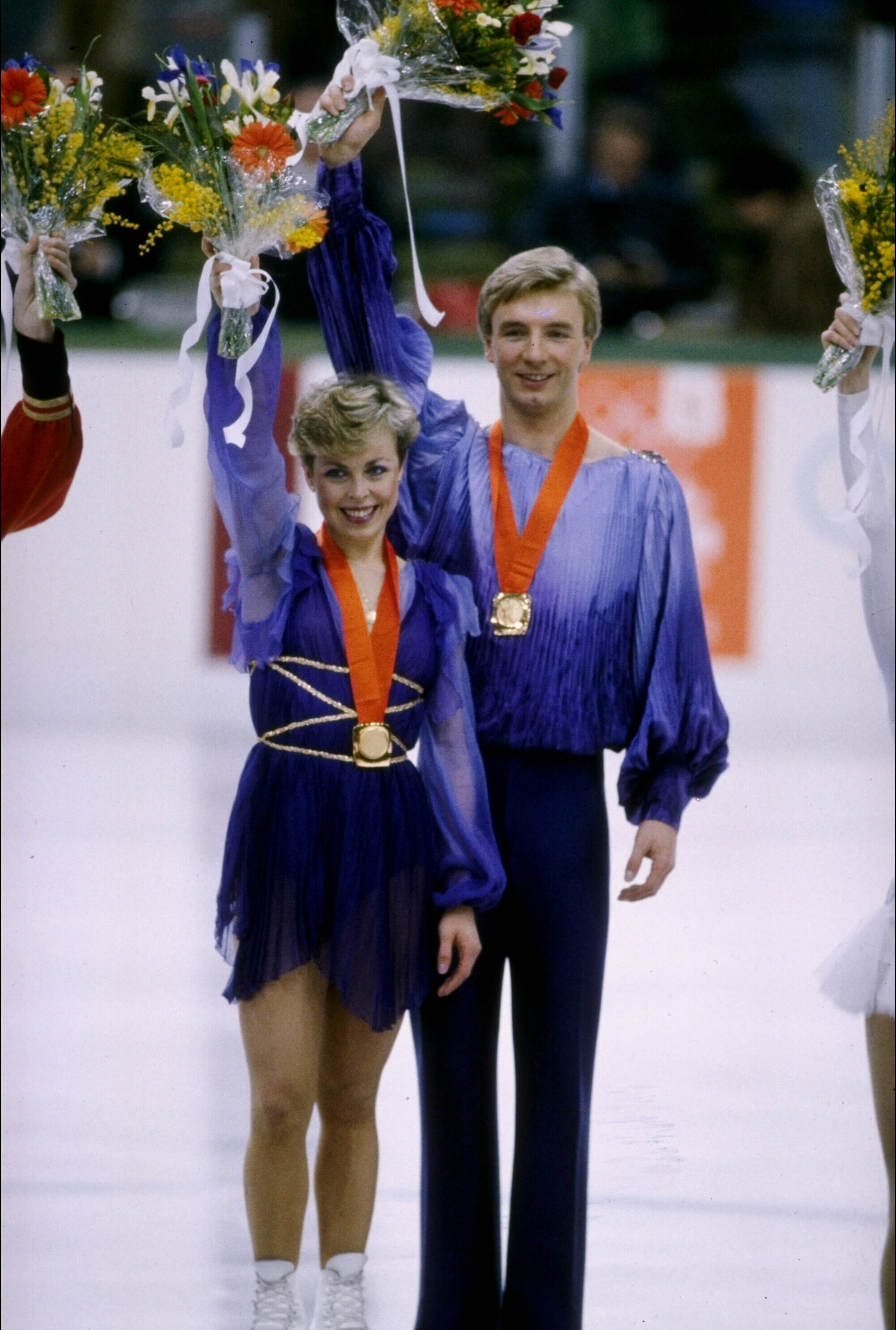 Jayne Torvill and Christopher Dean with their gold medals at the 1984 Winter Olympics.