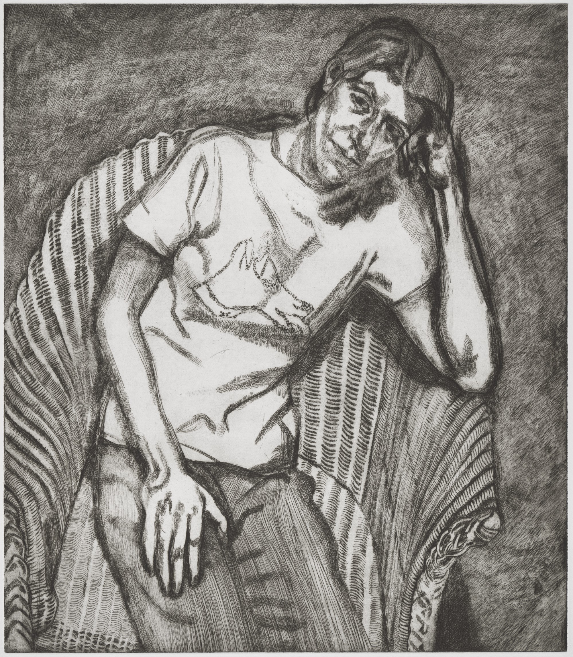 Illustration of Bella in her Pluto T-Shirt, seated in a wicker chair, by Lucian Freud.