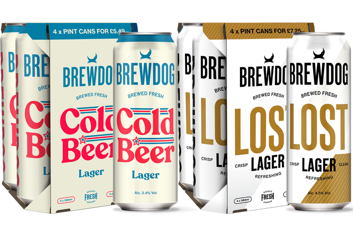 Two four-packs of Brewdog pint cans: "Cold Beer" lager and "Lost Lager."