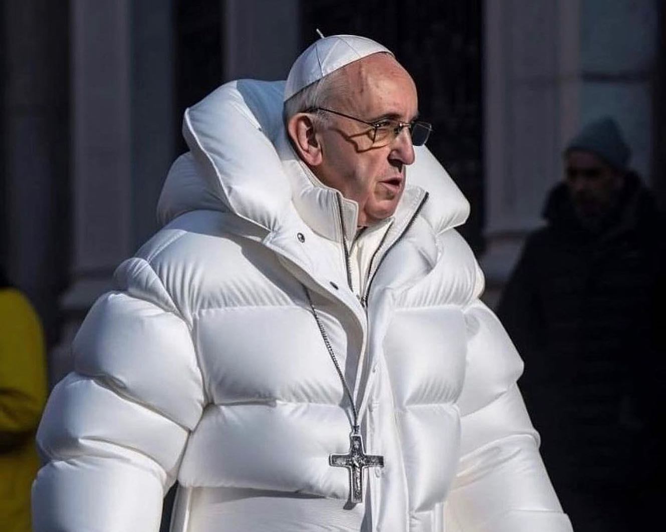 AI generated illustration of Pope Francis in a white puffer coat.