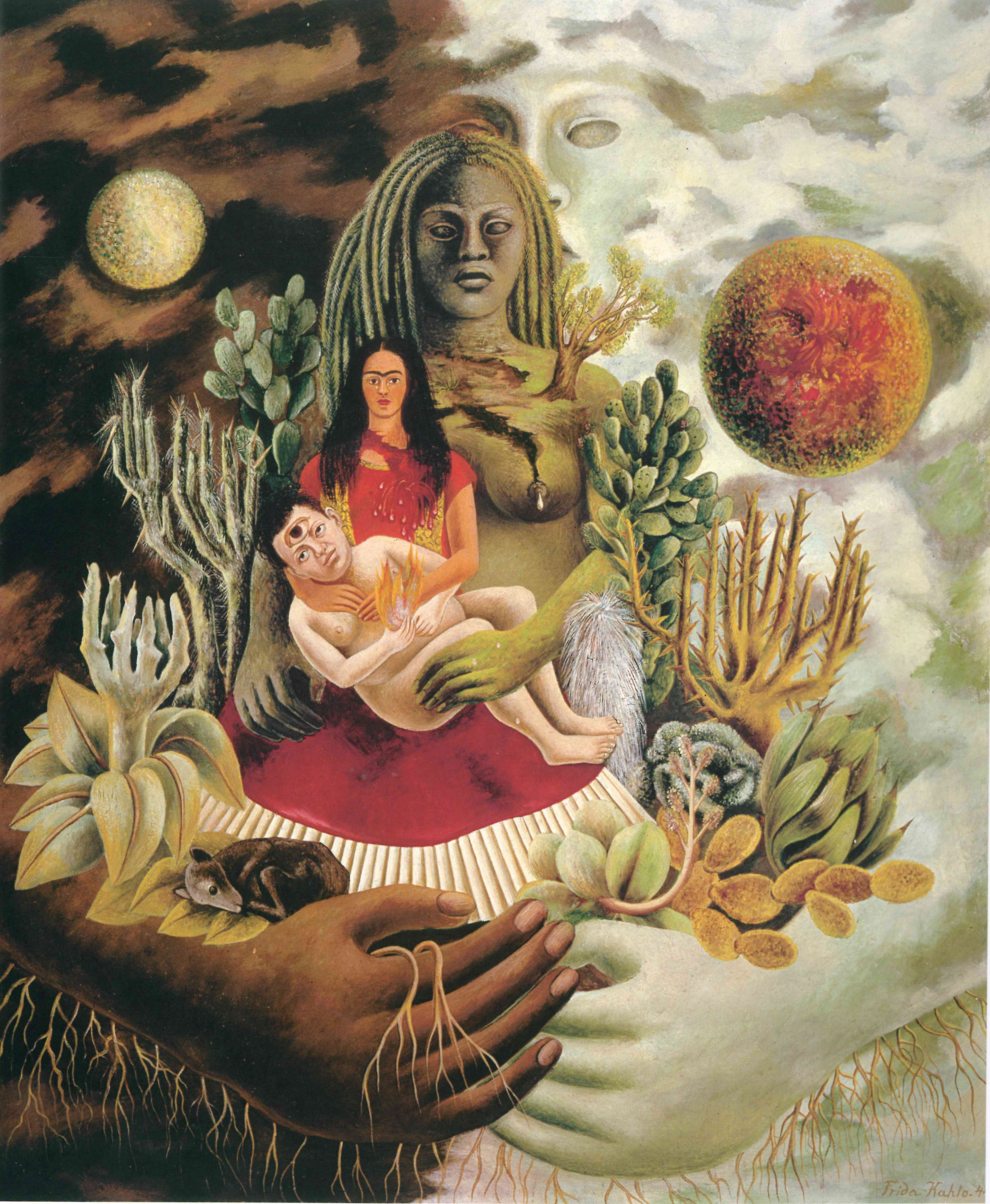 Illustration of Frida Kahlo holding a baby Diego Rivera, embraced by the Earth and an Aztec god, with hands forming roots.