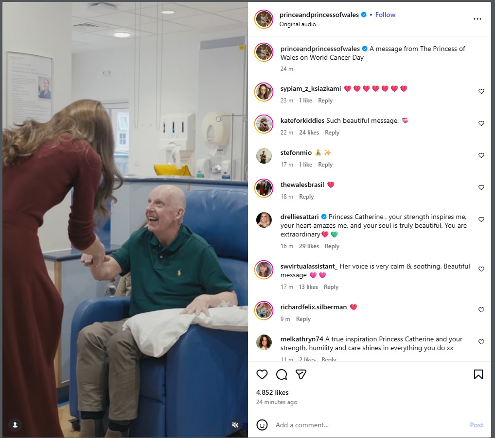 The Princess of Wales shaking hands with a patient on World Cancer Day.