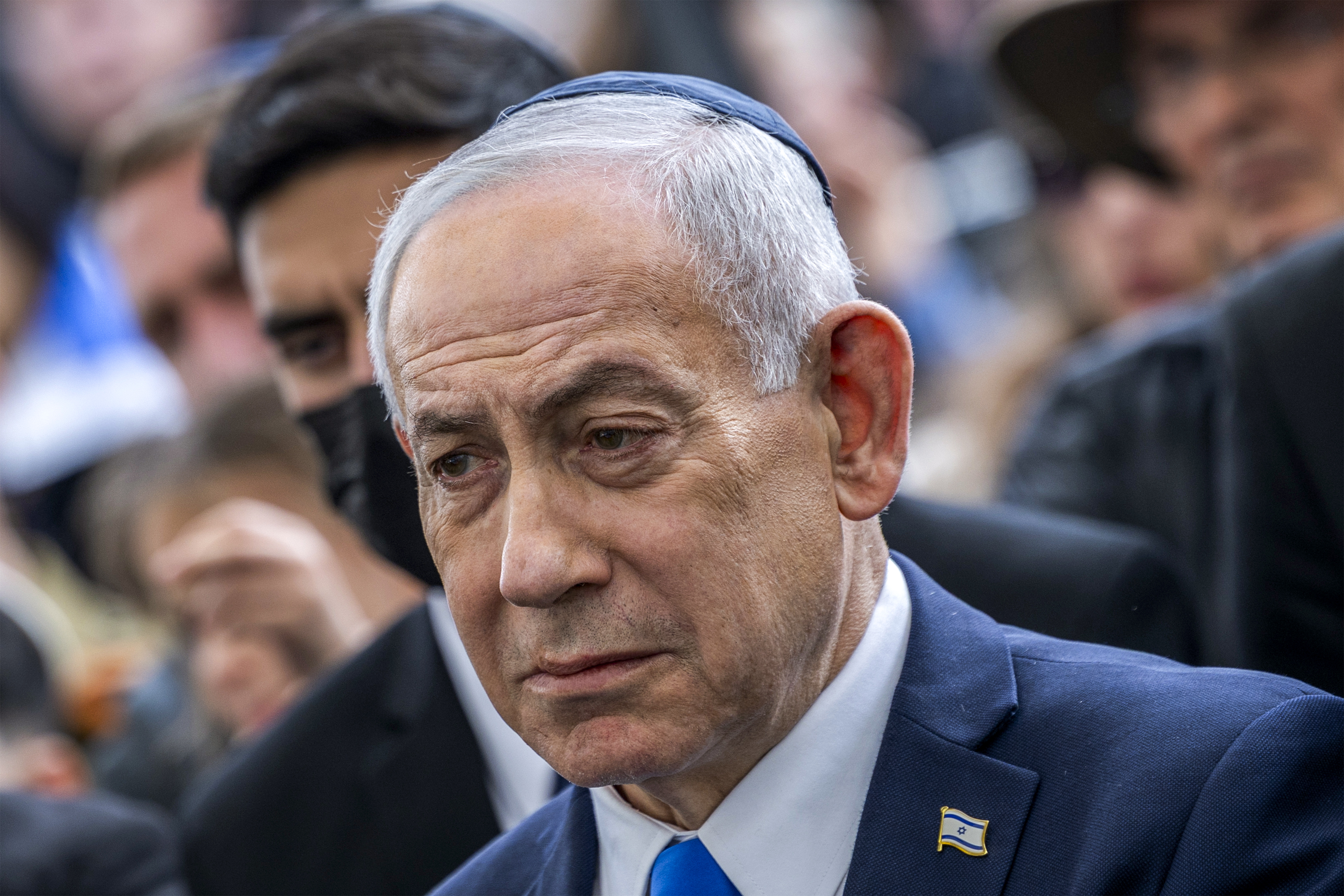 Israeli Prime Minister Benjamin Netanyahu reacting during the funeral of Sergeant First Class Ran Gvili.